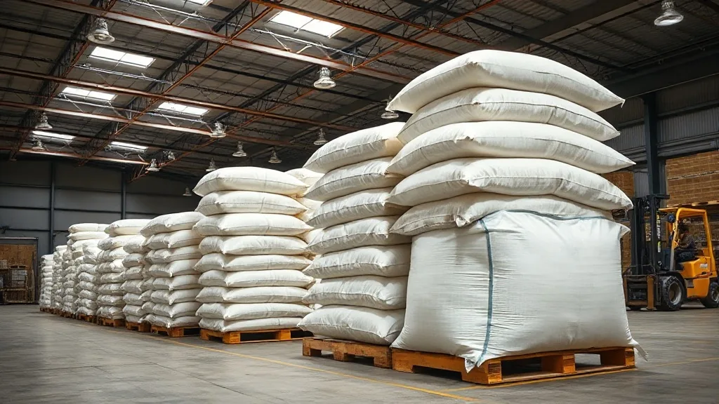 Stacked woven polypropylene FIBC bulk bags on wooden pallets inside an industrial warehouse, prepared for shipment to Indiana manufacturing and agricultural facilities
