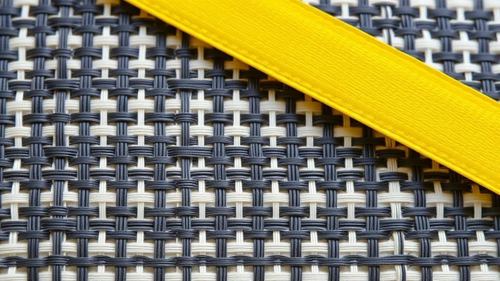 Close-up of Type C conductive FIBC bulk bag fabric showing the interwoven conductive thread grid pattern in woven polypropylene material with a yellow grounding strap at the bag top
