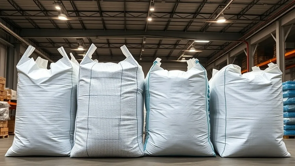 Four FIBC bulk bag types displayed in an industrial warehouse showing different woven polypropylene fabric constructions representing Type A, B, C, and D electrostatic safety classifications