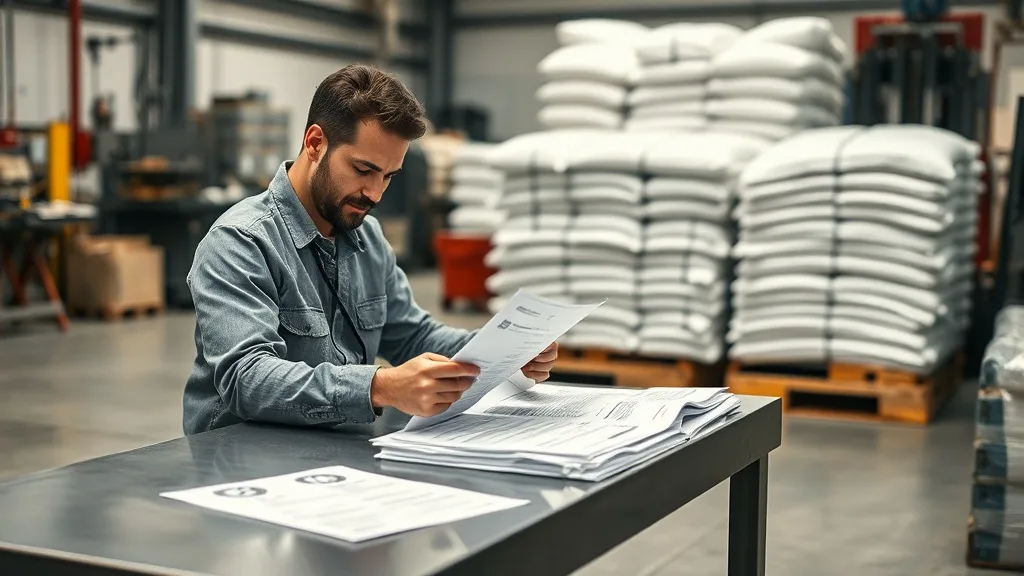 Industrial procurement professional reviewing FIBC bulk bag type specification documents at a manufacturing facility workstation with a pallet of folded polypropylene bulk bags visible in the background